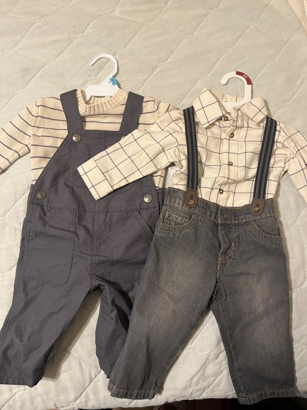 Bundle of 2 Carter’s boys 6 month gray & cream overall/suspender sets